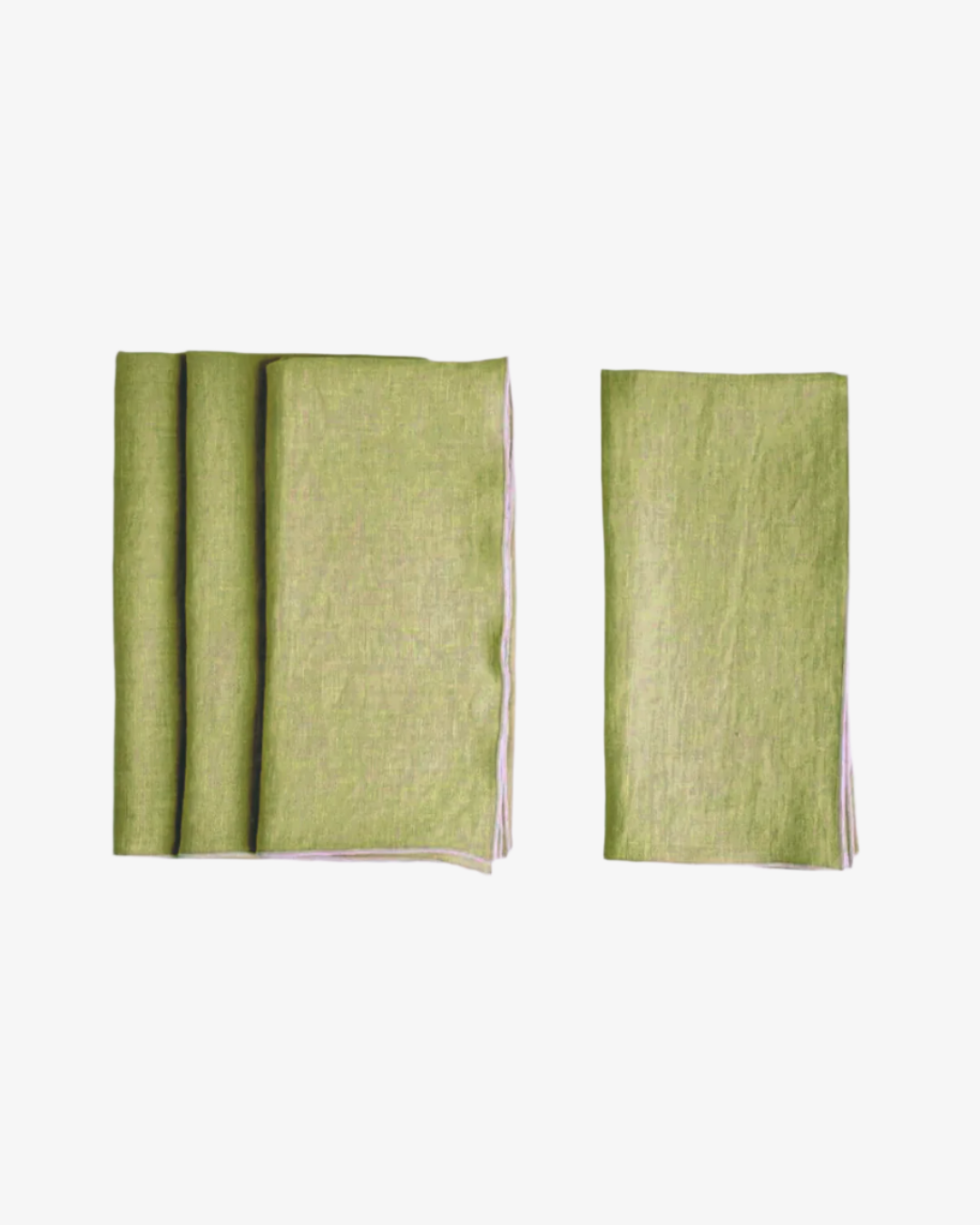Moss stone washed linen napkin in muted earthy green with white surged stitch edge, set of 4