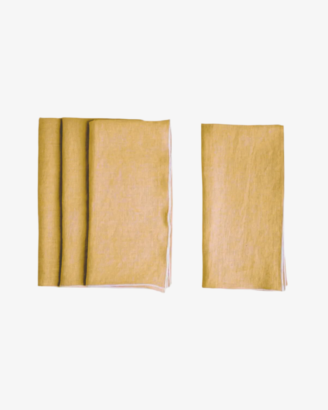 Oro stone washed linen napkin in golden yellow with white surged stitch edge, set of 4