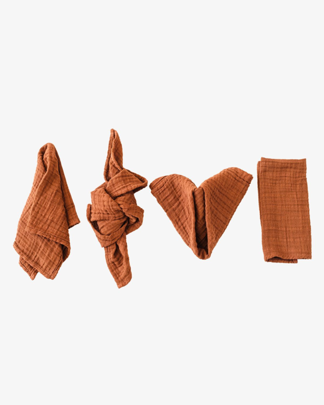 Burnt Sienna organic cotton napkins in warm rust with crinkled texture, set of 4