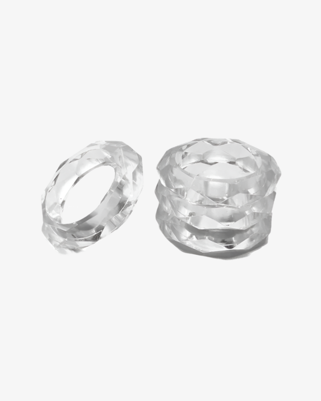 A set of clear, geometric napkin rings from the Prism Collection.