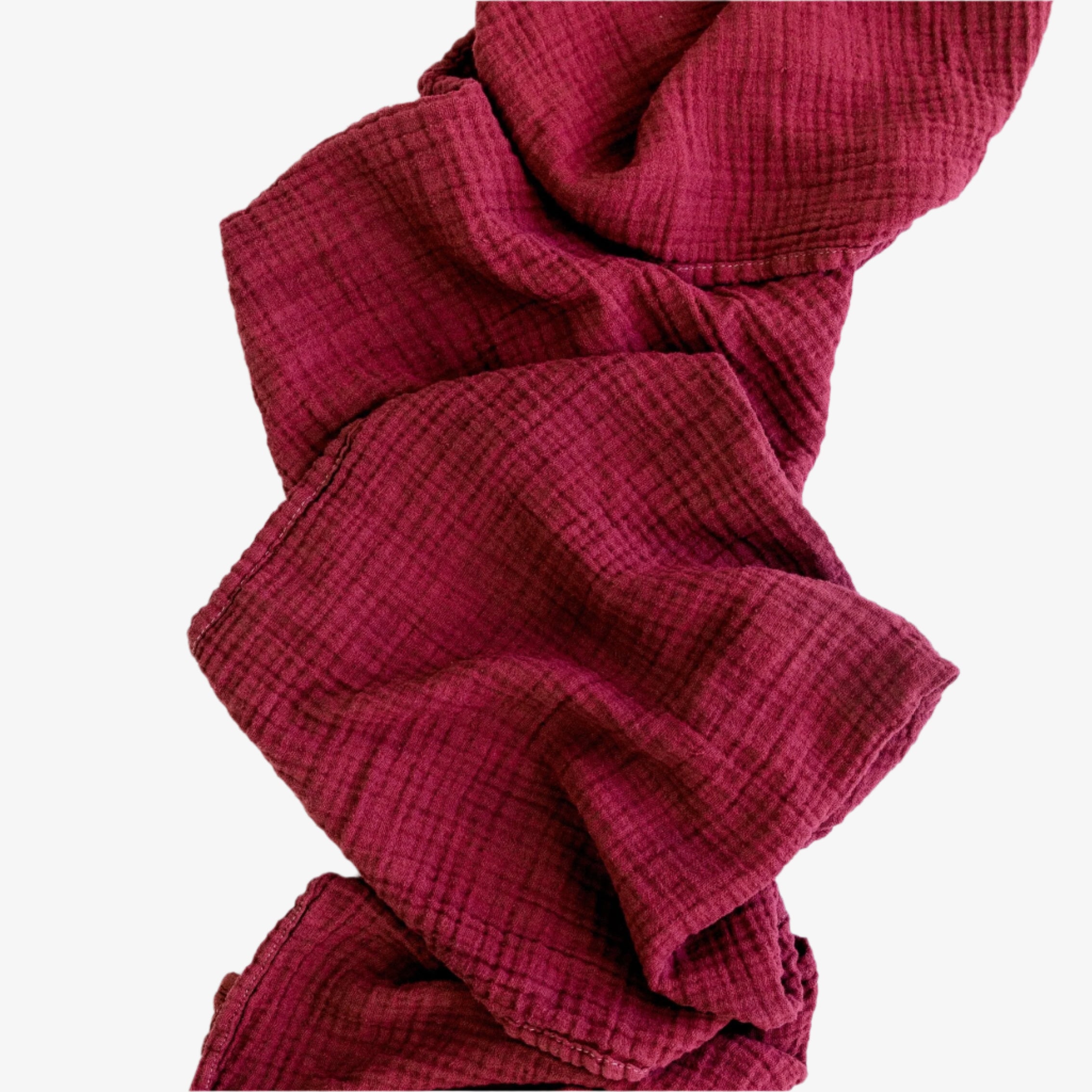 Bordeaux organic cotton runner in wine-toned red with crinkled texture, 156 inches long
