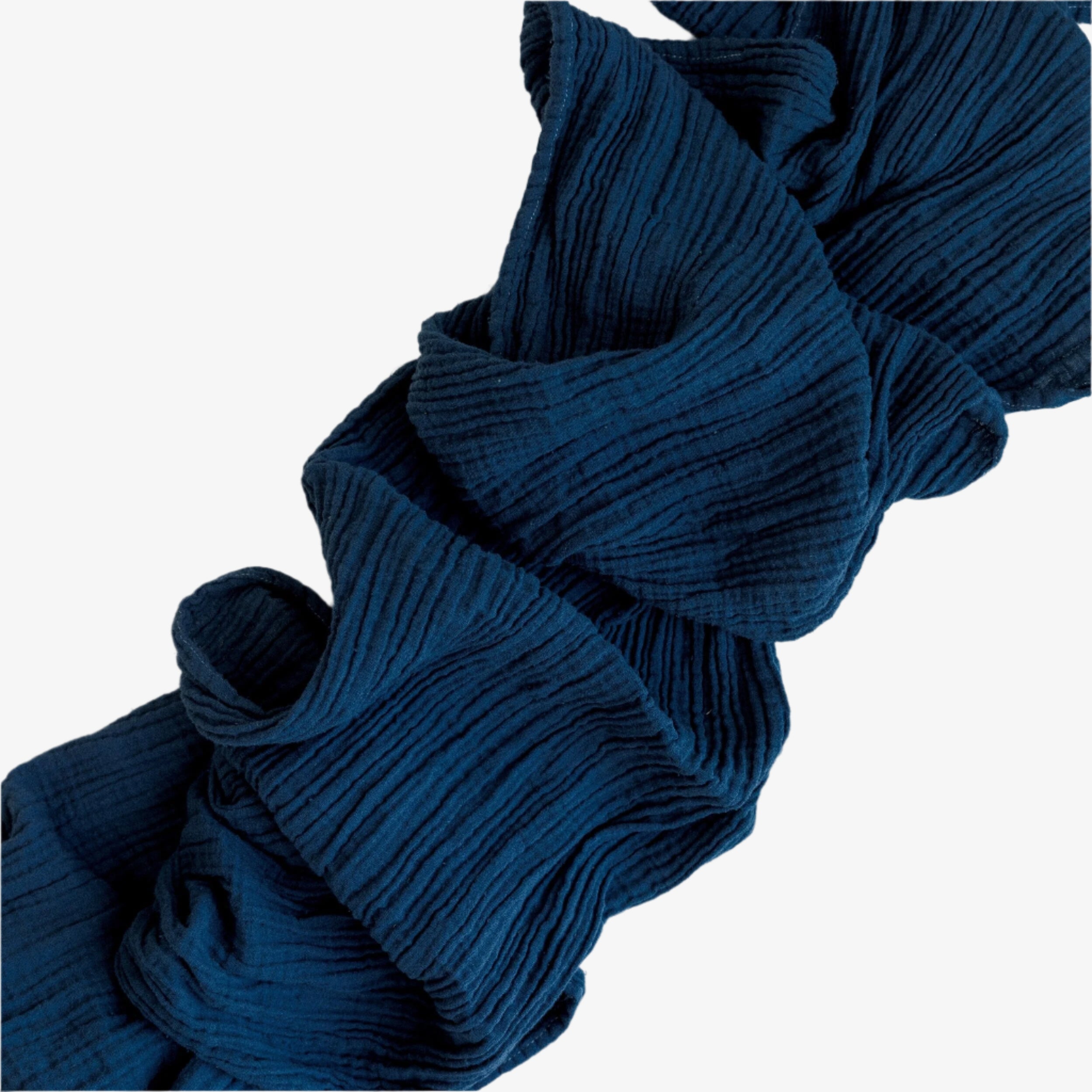 Atlantic Blue organic cotton runner in deep navy blue with crinkled texture, 156 inches long