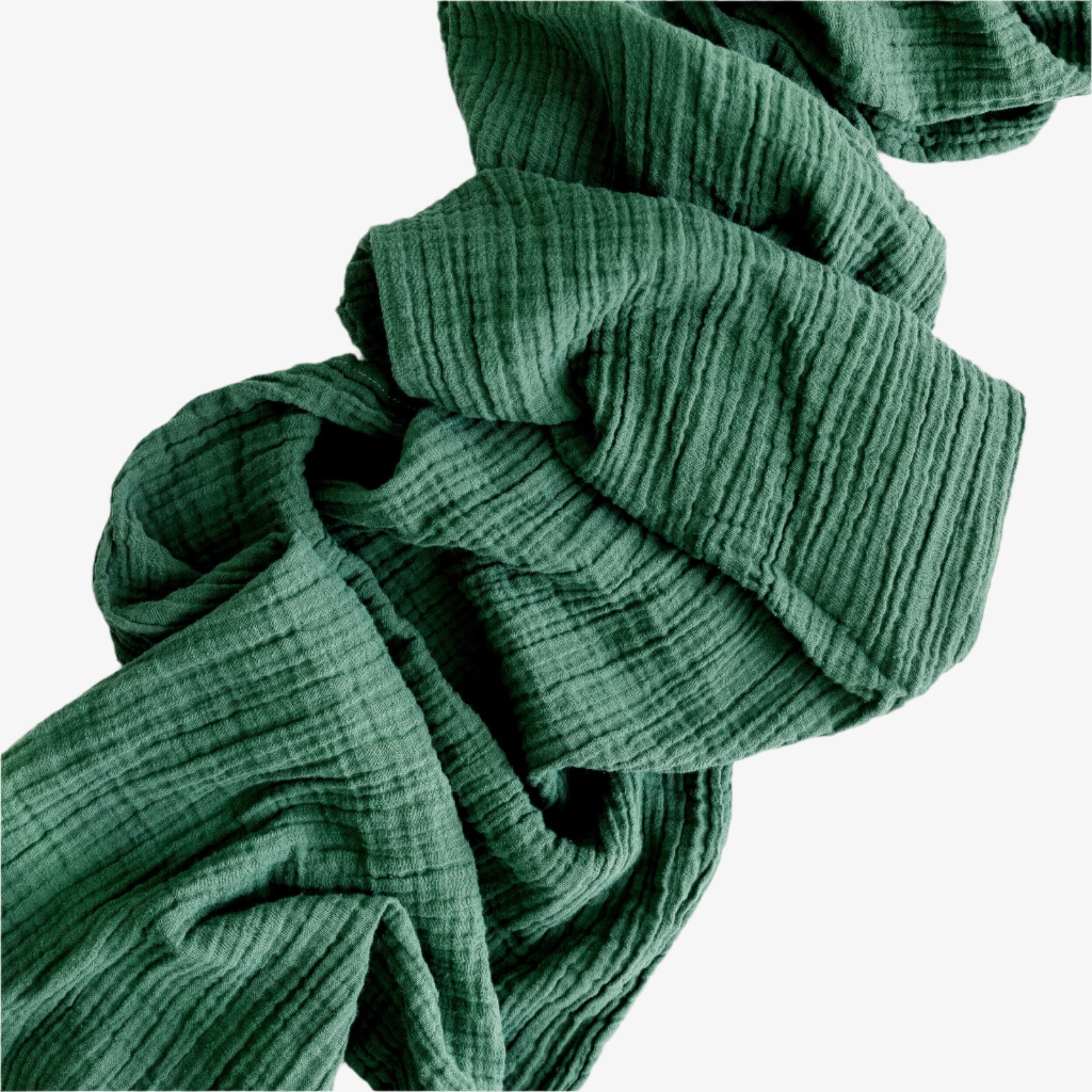 Forest organic cotton runner in deep green with crinkled texture, 156 inches long