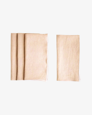 Nude stone washed linen napkin in neutral skin tone with white surged stitch edge, set of 4